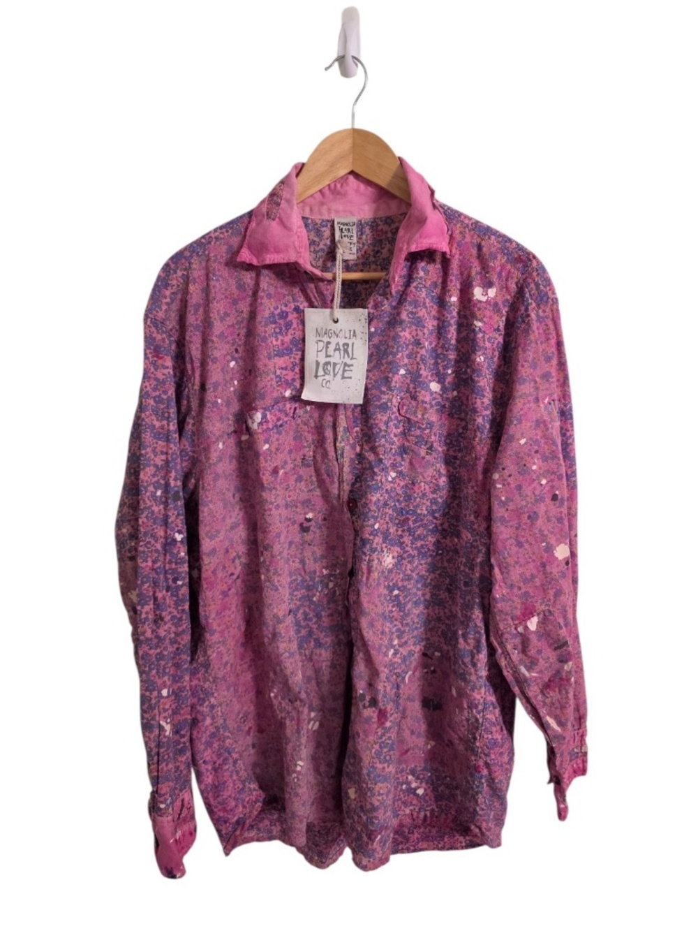 NWT Magnolia Pearl Floral Paint Splatter Boyfriend Shirt Pink Purple One Size